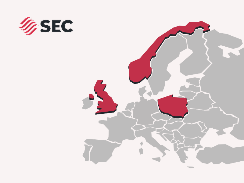 Map with marked SEC, SEC Pomorze SEC Norge and SEC GB&NI
