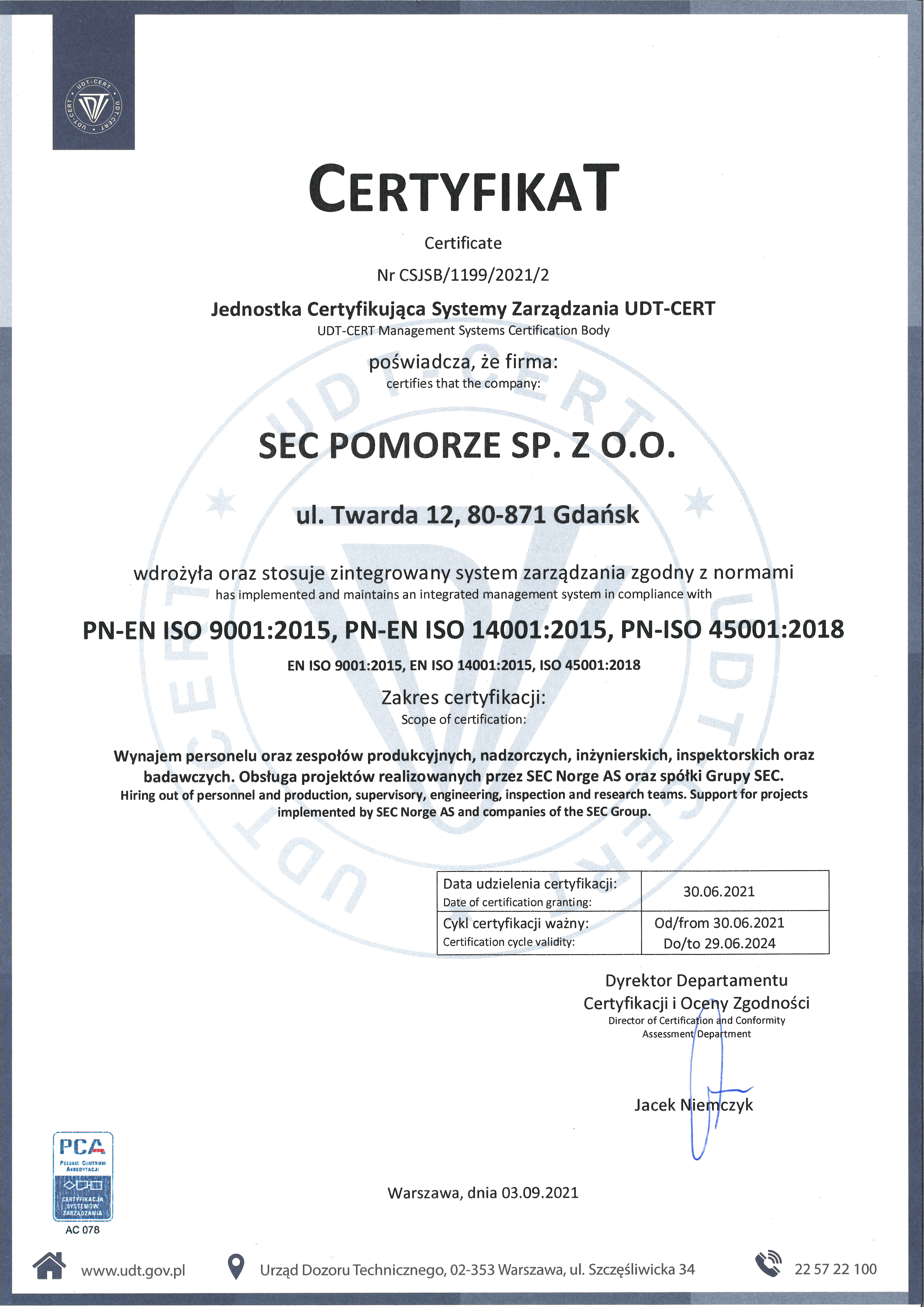 SEC Pomorze ISO Certificate 9001-2015 14001-2015 45001-2018
