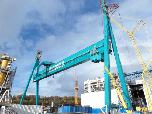Close view on lifting of the Goliath Gantry Crane at Stord Yard in Norway