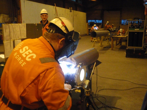 SEC TIG welder welding pipes on the piping prefabrication plant